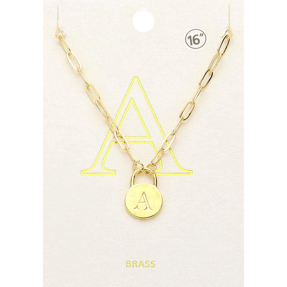 -A- Brass Metal Initial Monogram Lock Pendant Necklace - Madeline Love - Flyclothing LLC