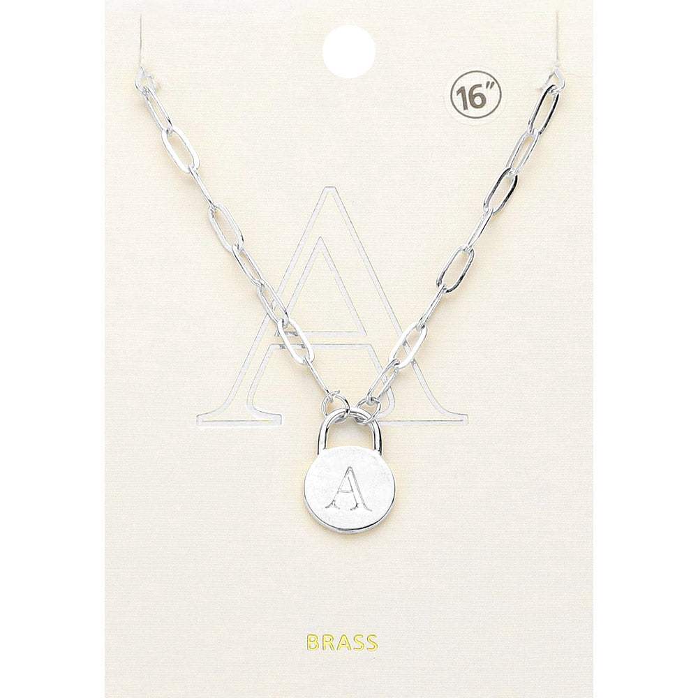 -A- Brass Metal Initial Monogram Lock Pendant Necklace - Madeline Love - Flyclothing LLC