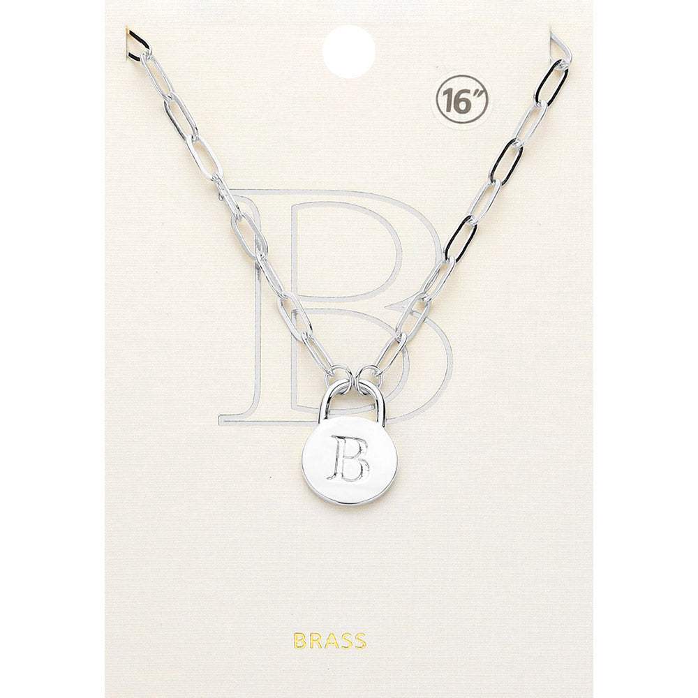 -B- Brass Metal Initial Monogram Lock Pendant Necklace - Madeline Love - Flyclothing LLC