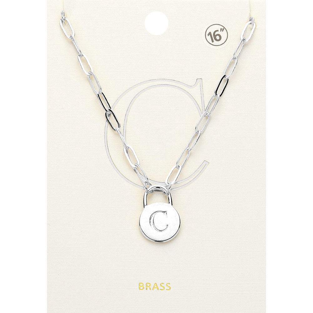 -C- Brass Metal Initial Monogram Lock Pendant Necklace - Madeline Love - Flyclothing LLC