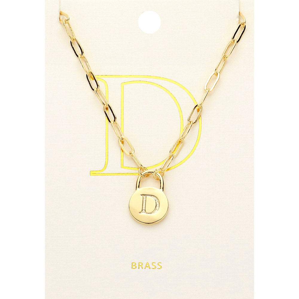 -D- Brass Metal Initial Monogram Lock Pendant Necklace - Madeline Love - Flyclothing LLC