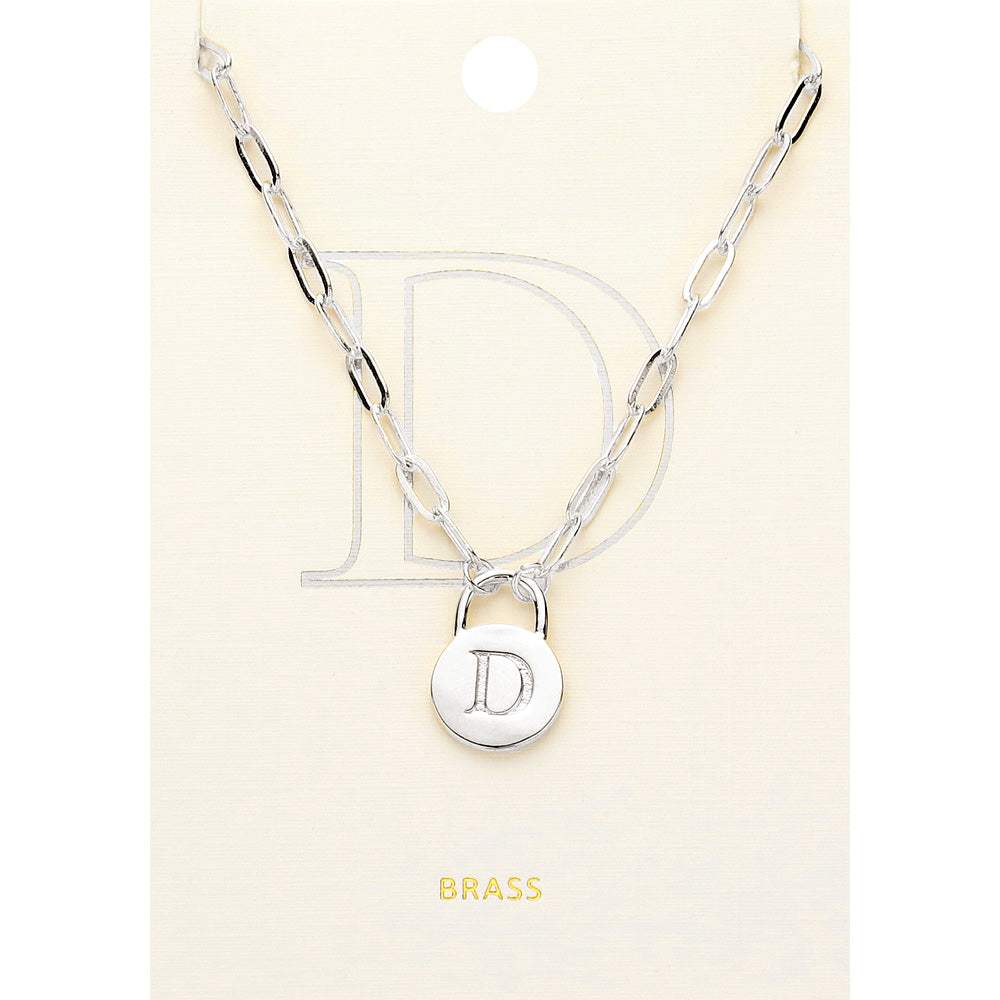 -D- Brass Metal Initial Monogram Lock Pendant Necklace - Madeline Love - Flyclothing LLC