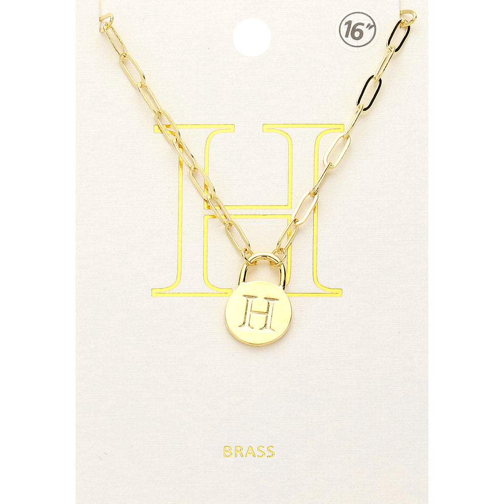 -H- Brass Metal Initial Monogram Lock Pendant Necklace - Madeline Love - Flyclothing LLC