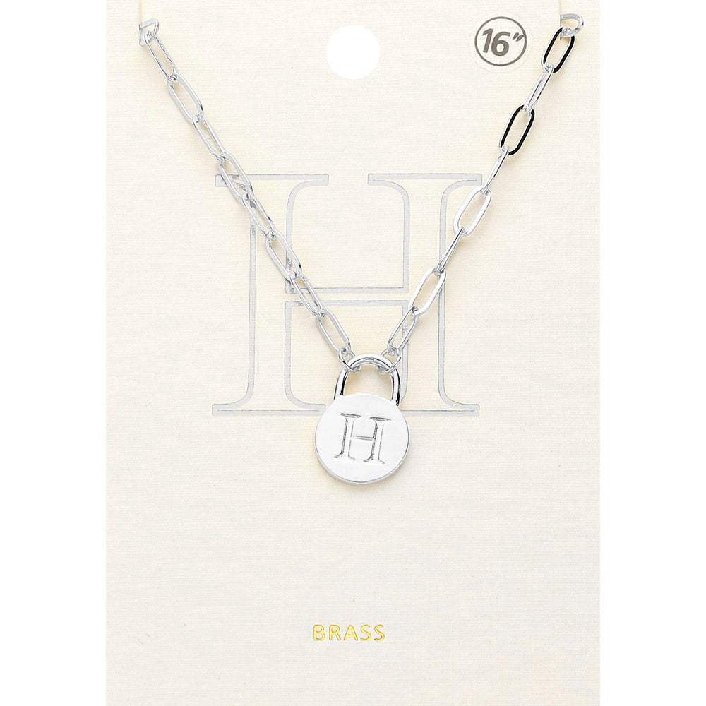 -H- Brass Metal Initial Monogram Lock Pendant Necklace - Madeline Love - Flyclothing LLC