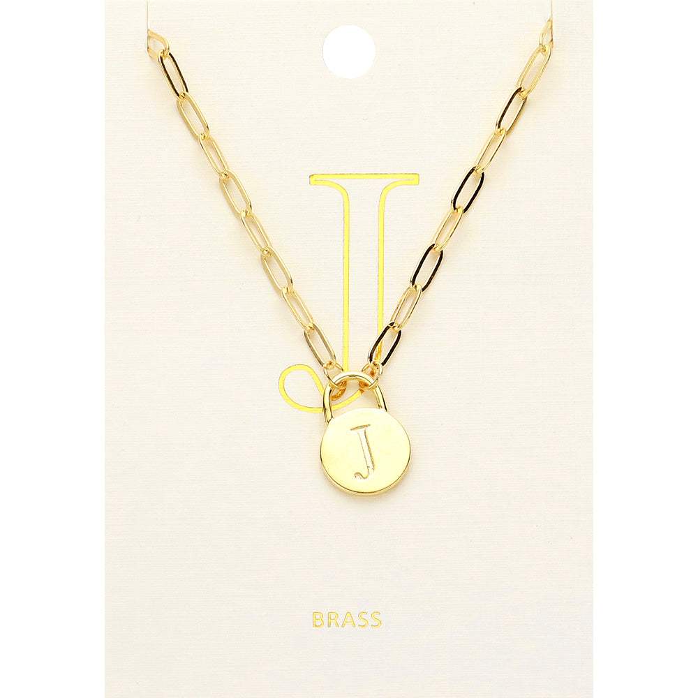 -J- Brass Metal Initial Monogram Lock Pendant Necklace - Madeline Love - Flyclothing LLC