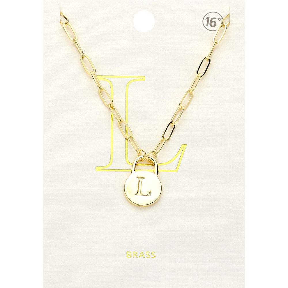 -L- Brass Metal Initial Monogram Lock Pendant Necklace - Madeline Love - Flyclothing LLC
