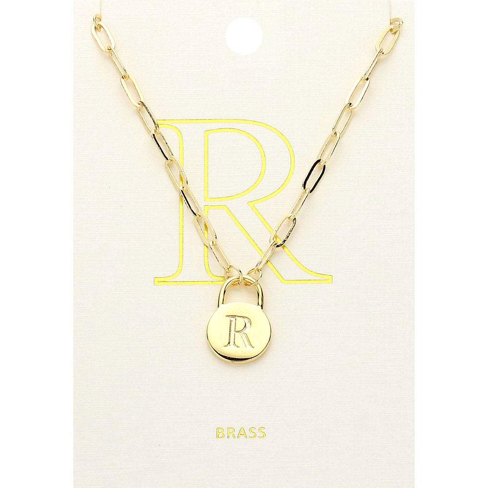 -R- Brass Metal Initial Monogram Lock Pendant Necklace - Madeline Love - Flyclothing LLC