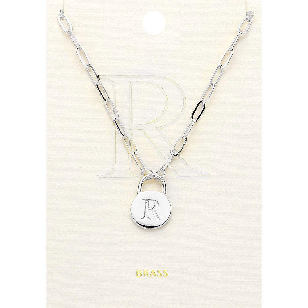 -R- Brass Metal Initial Monogram Lock Pendant Necklace - Madeline Love - Flyclothing LLC