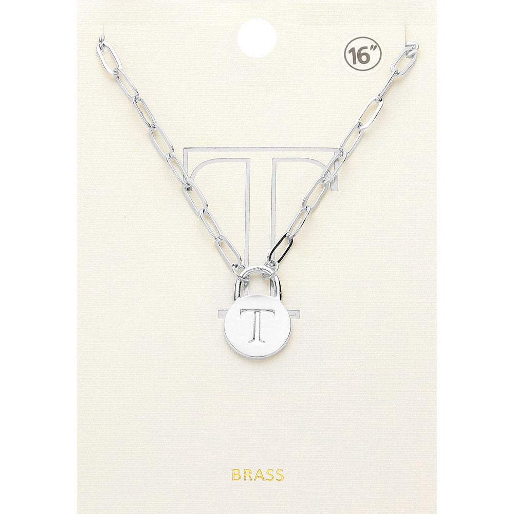 -T- Brass Metal Initial Monogram Lock Pendant Necklace - Madeline Love - Flyclothing LLC