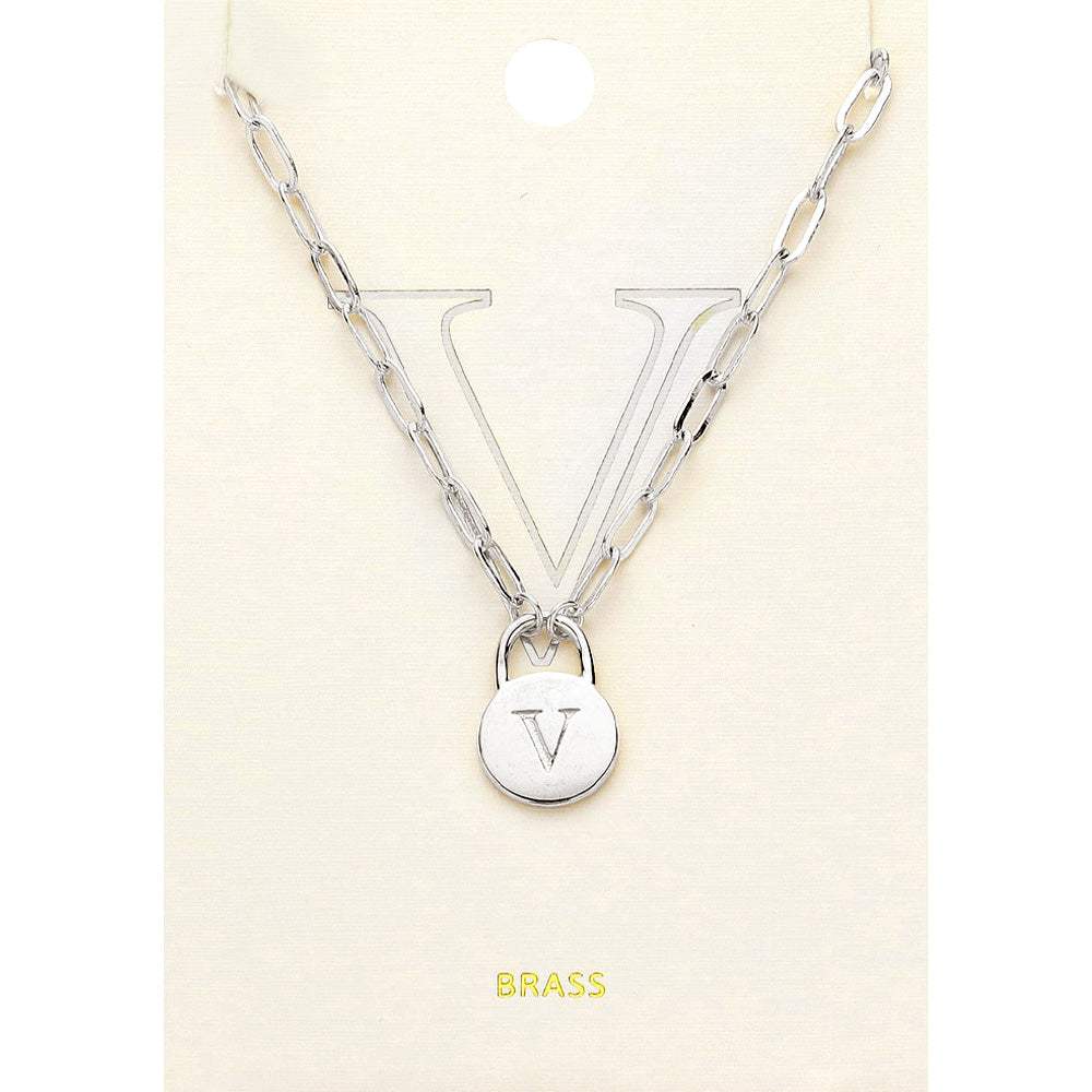 -V- Brass Metal Initial Monogram Lock Pendant Necklace - Madeline Love - Flyclothing LLC