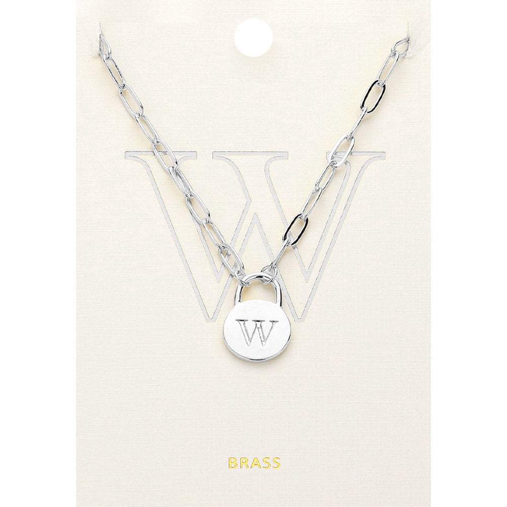 -W- Brass Metal Initial Monogram Lock Pendant Necklace - Madeline Love - Flyclothing LLC