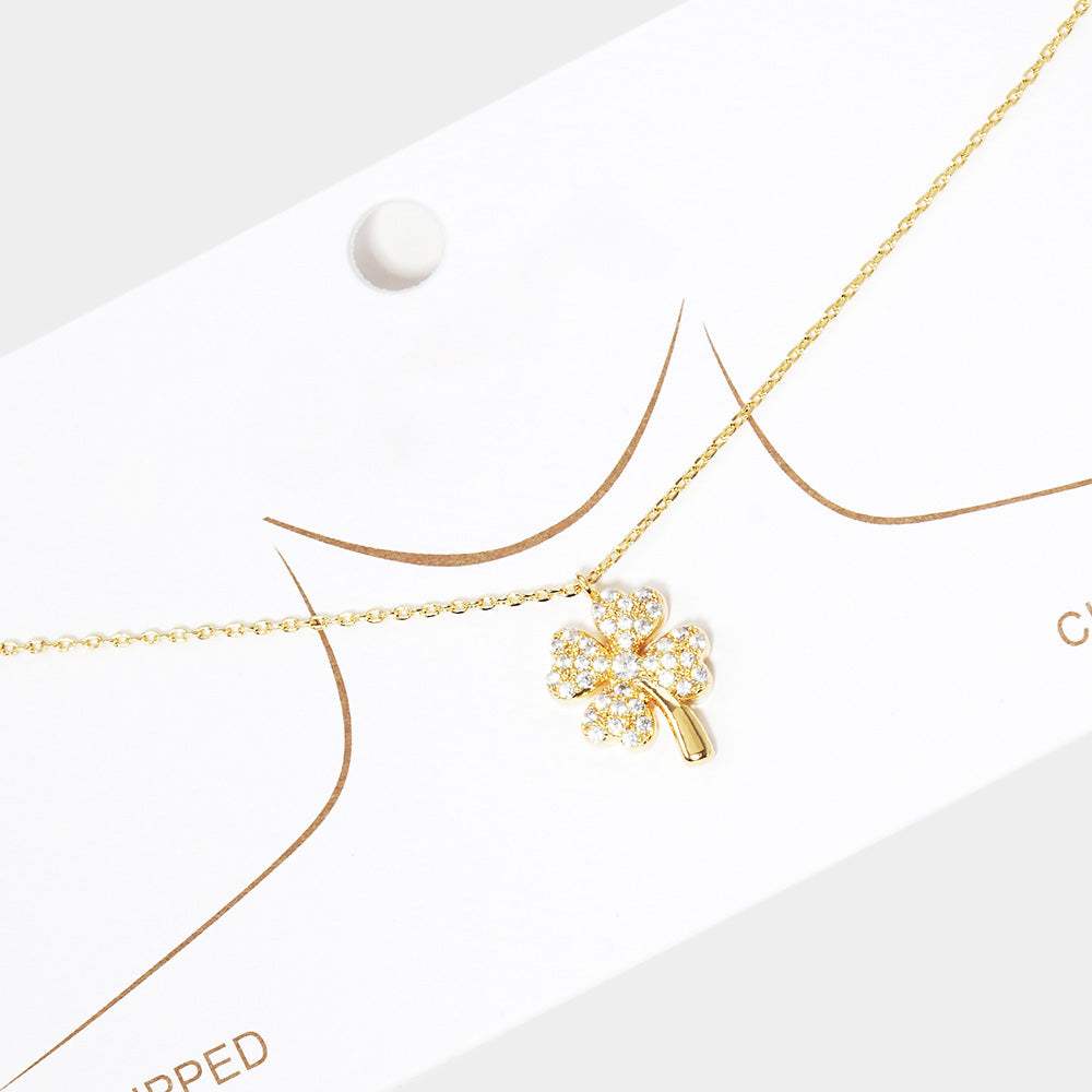 Gold Dipped Rhinestone Embellished Clover Pendant Necklace - Madeline Love - Flyclothing LLC