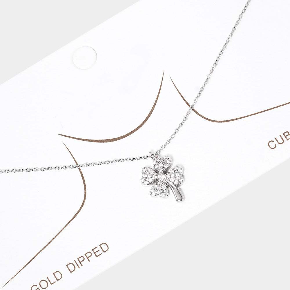 White Gold Dipped Rhinestone Embellished Clover Pendant Necklace - Madeline Love - Flyclothing LLC