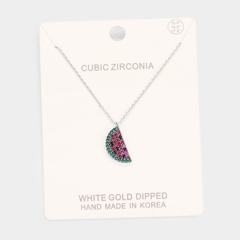 White Gold Dipped CZ Watermelon Pendant Necklace - Madeline Love - Flyclothing LLC
