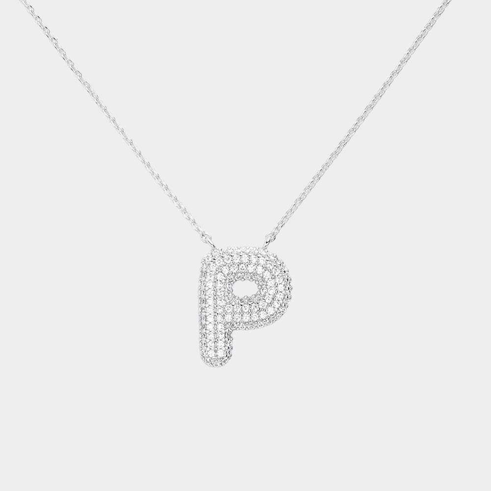 -P- White Gold Dipped CZ Initial Monogram Pendant Necklace - Madeline Love - Flyclothing LLC