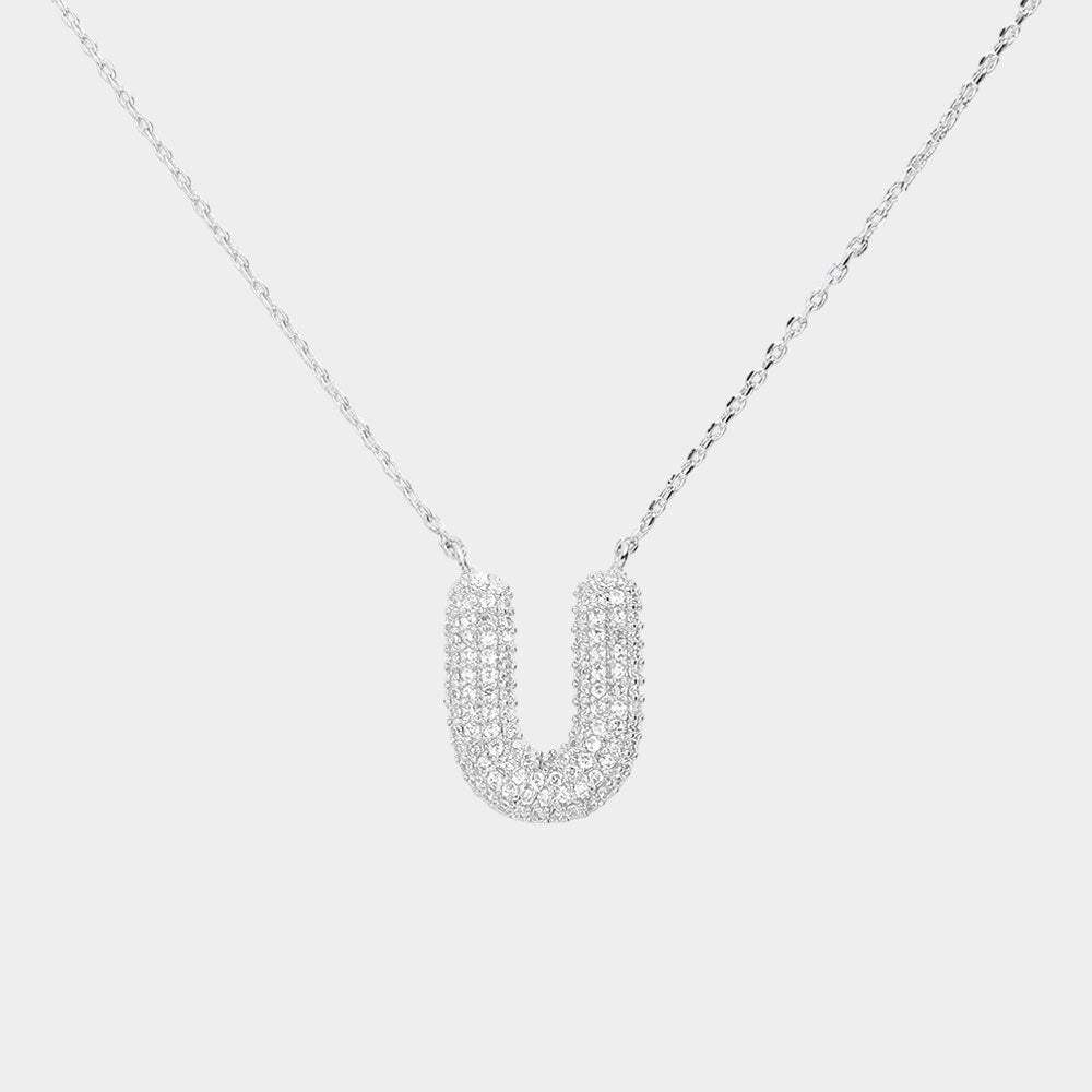 -U- White Gold Dipped CZ Initial Monogram Pendant Necklace - Madeline Love - Flyclothing LLC