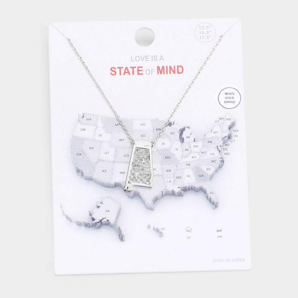 White Gold Dipped Alabama State Pendant Necklace - Madeline Love - Flyclothing LLC
