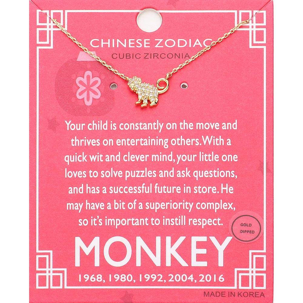 Lunar 12 Zodiac Gold Dipped CZ Monkey Pendant Necklace - Madeline Love - Flyclothing LLC