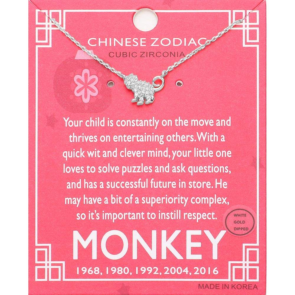 Lunar 12 Zodiac White Gold Dipped CZ Monkey Pendant Necklace - Madeline Love - Flyclothing LLC