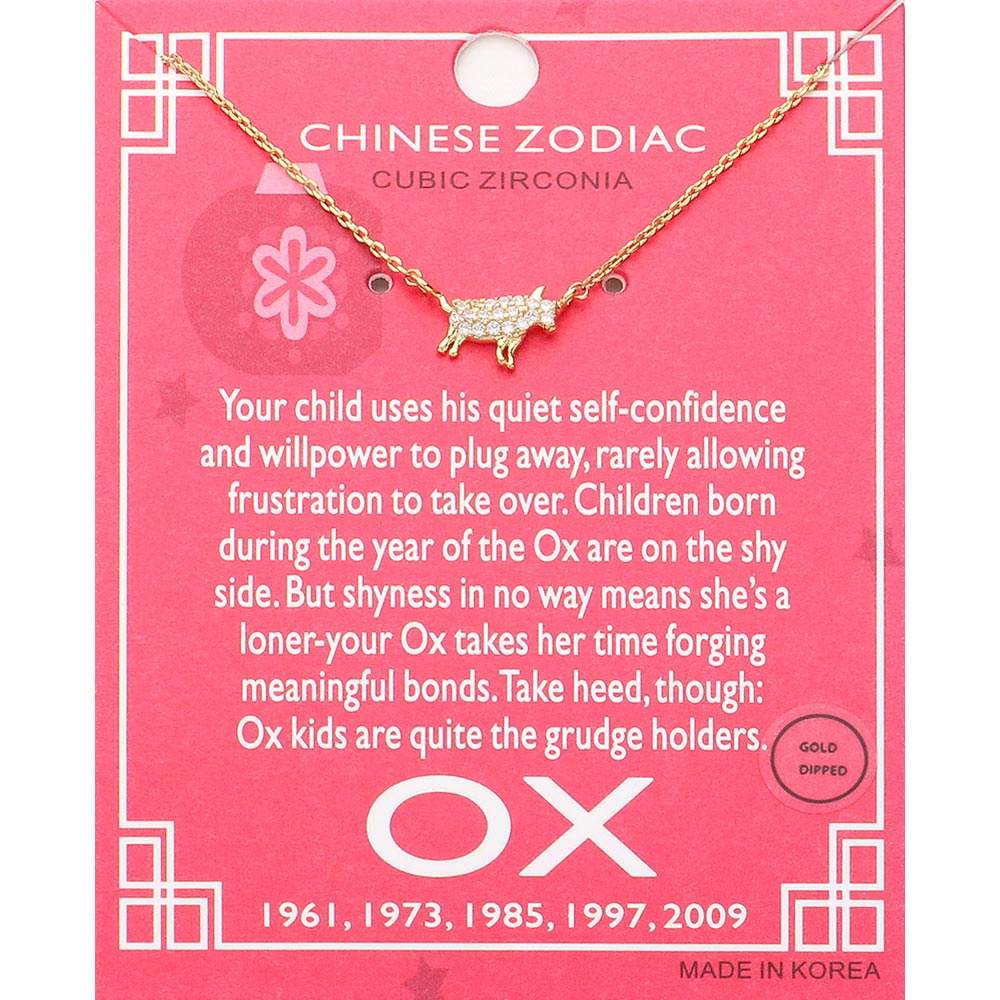 Lunar 12 Zodiac Gold Dipped CZ Ox Pendant Necklace - Madeline Love - Flyclothing LLC