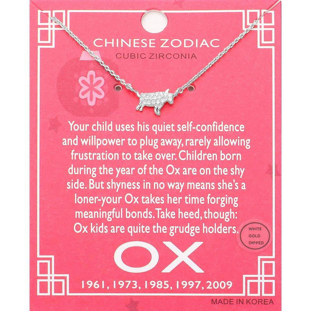 Lunar 12 Zodiac White Gold Dipped CZ Ox Pendant Necklace - Madeline Love - Flyclothing LLC