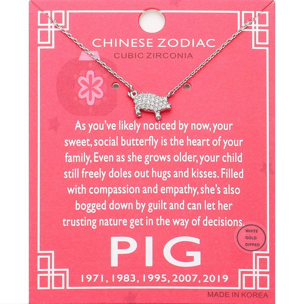 Lunar 12 Zodiac White Gold Dipped CZ Pig Pendant Necklace - Madeline Love - Flyclothing LLC