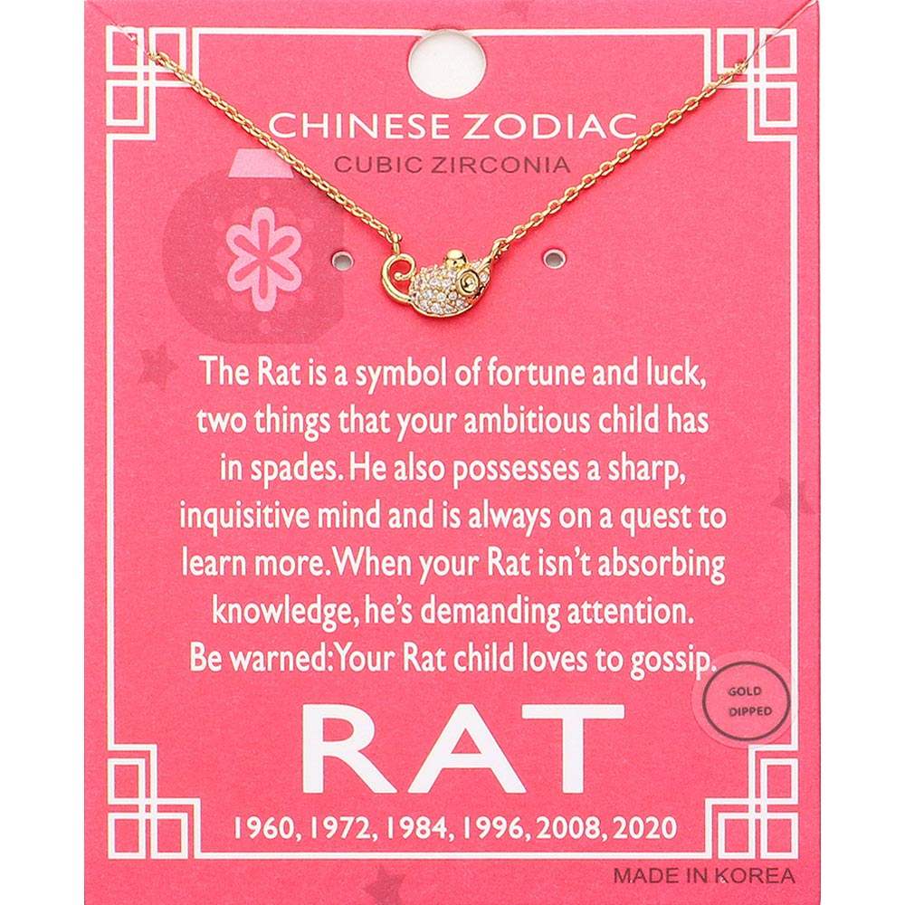 Lunar 12 Zodiac Gold Dipped CZ Rat Pendant Necklace - Madeline Love - Flyclothing LLC