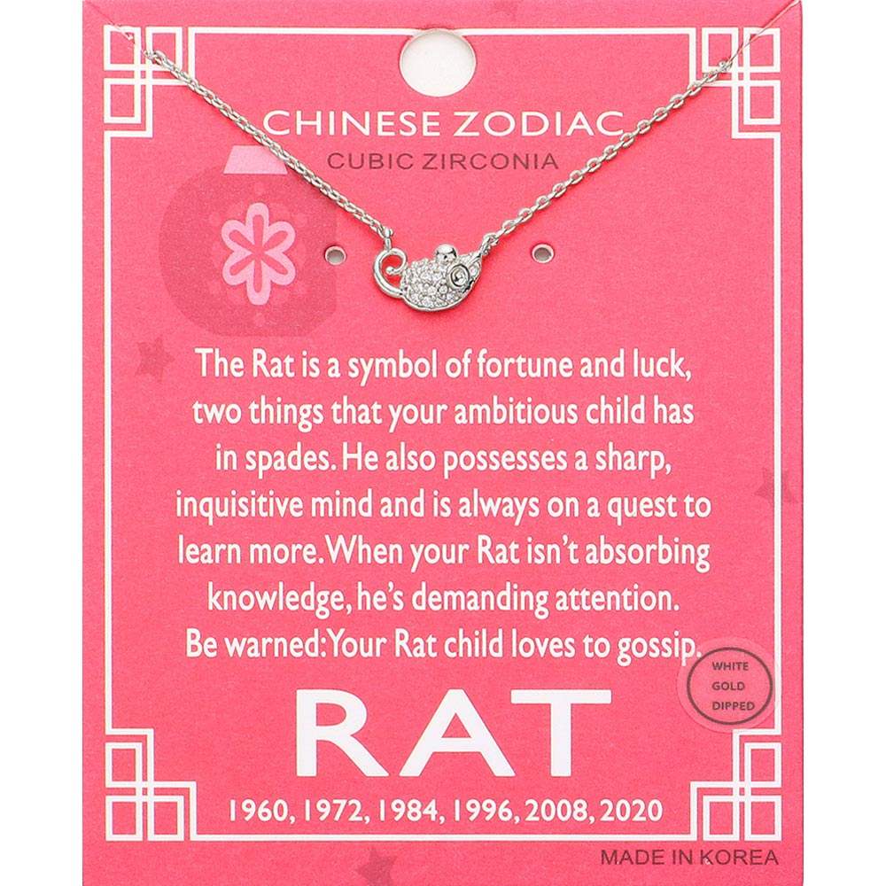 Lunar 12 Zodiac White Gold Dipped CZ Rat Pendant Necklace - Madeline Love - Flyclothing LLC