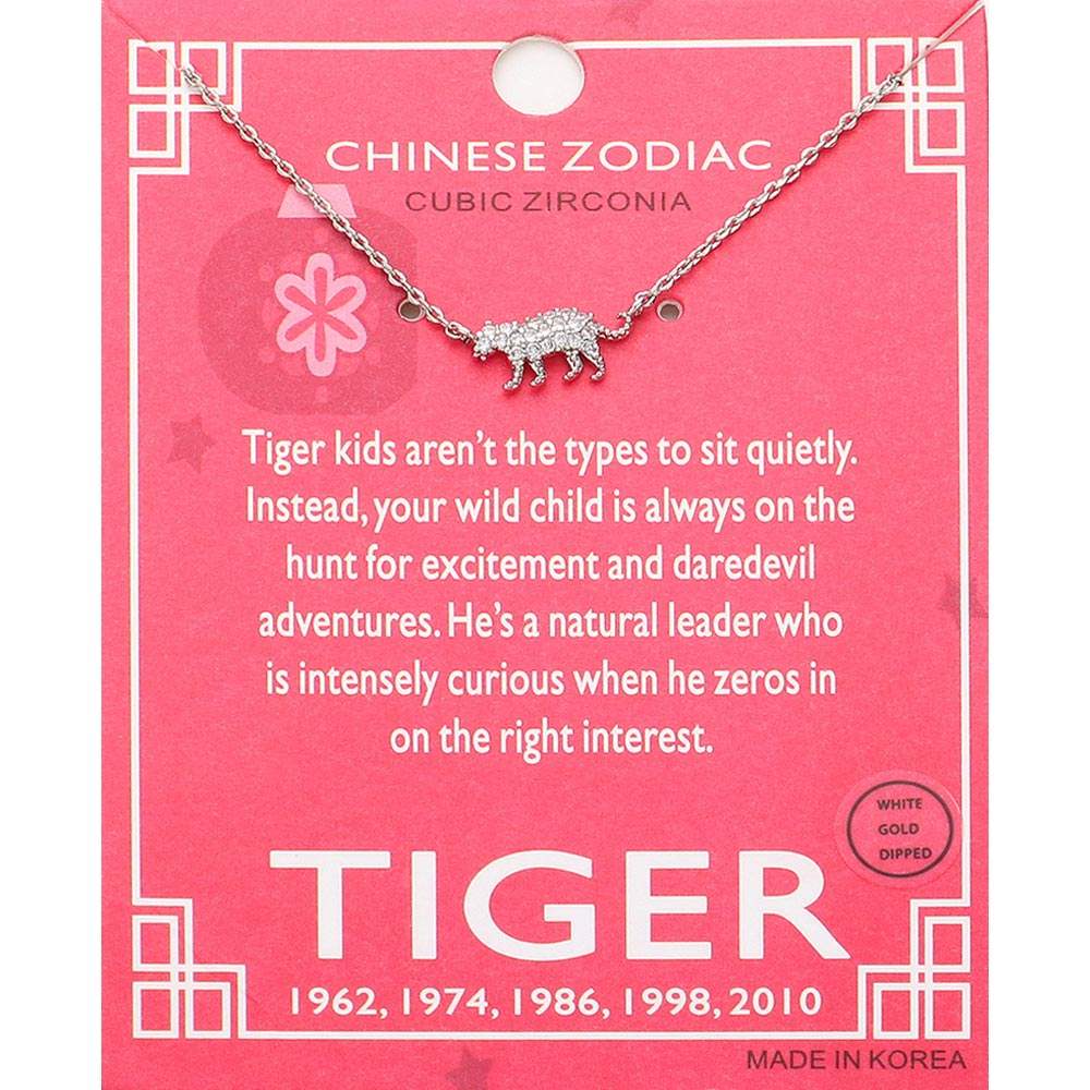 Lunar 12 Zodiac White Gold Dipped CZ Tiger Pendant Necklace - Madeline Love - Flyclothing LLC