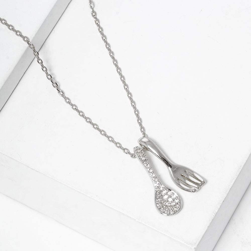 White Gold Dipped Stone Paved Spoon Fork Pendant Necklace - Madeline Love - Flyclothing LLC