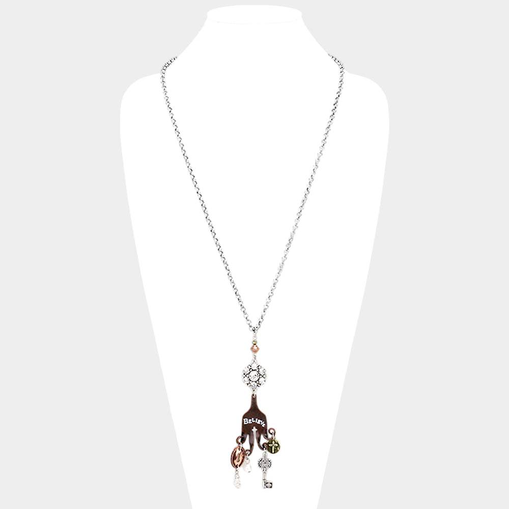 "Believe" Cross Key Lock Pearl Pendants Long Necklace - Madeline Love - Flyclothing LLC