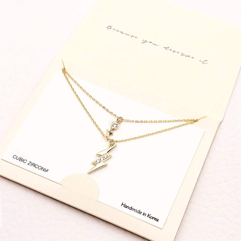 CZ Embellished Metal Lightning Pendant Double Layered Necklace - Madeline Love - Flyclothing LLC