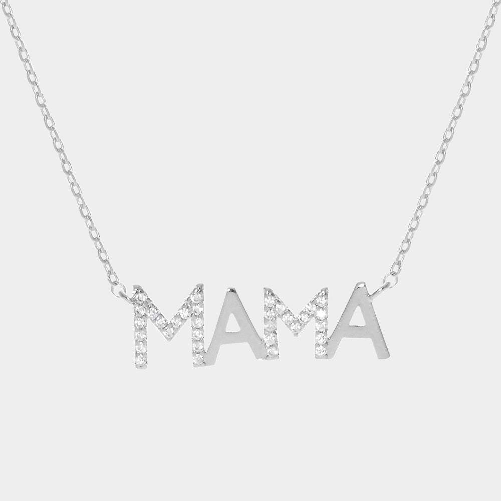 White Gold Dipped CZ Mama Metal Message Pendant Necklace - Madeline Love - Flyclothing LLC