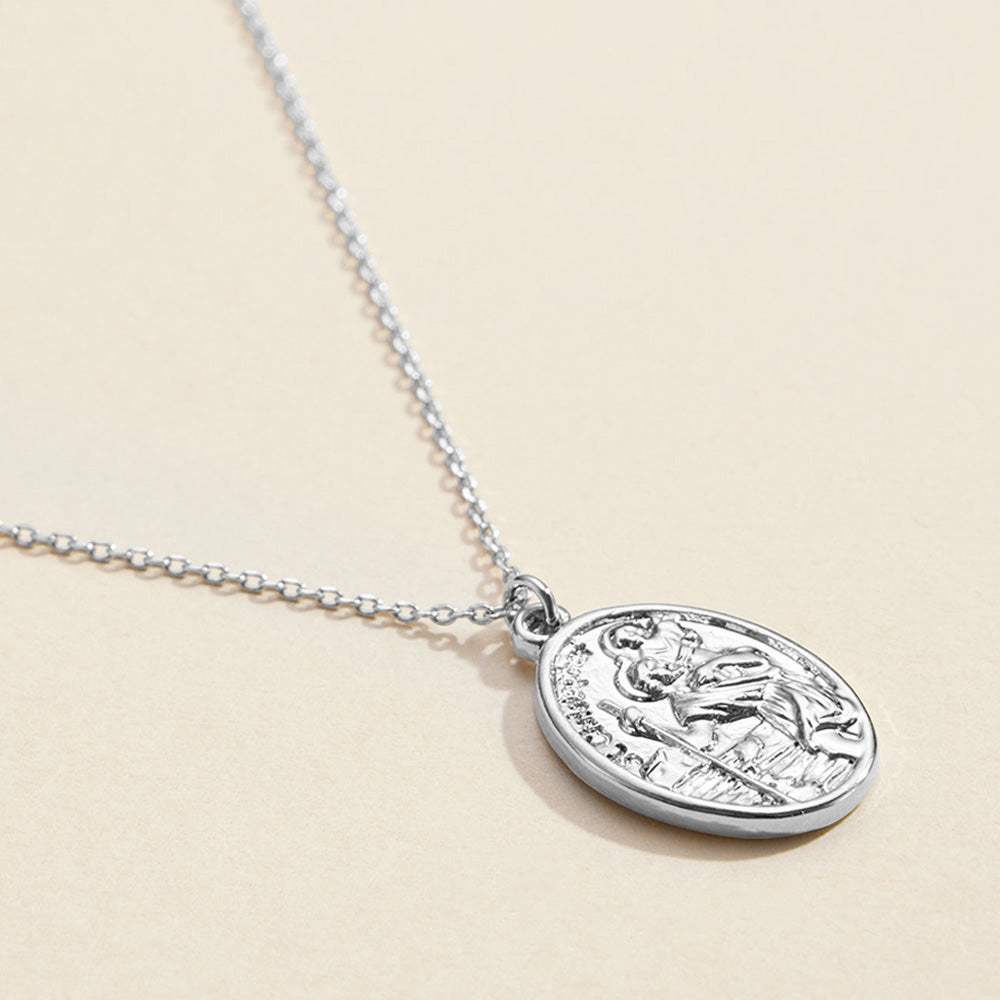 Semi Fine Collection - 18K White Gold Dipped Pray For Us Message Oval Coin Pendant Necklace - Madeline Love - Flyclothing LLC