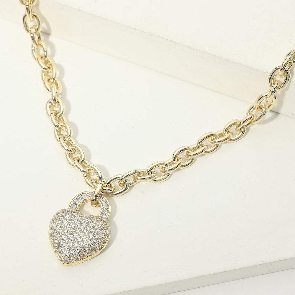 14K Gold Plated CZ Pave Heart Heart Pendant Chunky Chain Necklace - Madeline Love - Flyclothing LLC