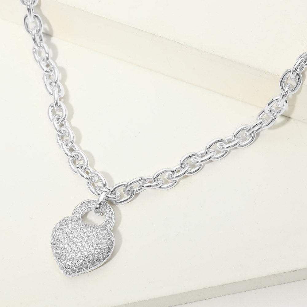 14K Gold Plated CZ Pave Heart Heart Pendant Chunky Chain Necklace - Madeline Love - Flyclothing LLC