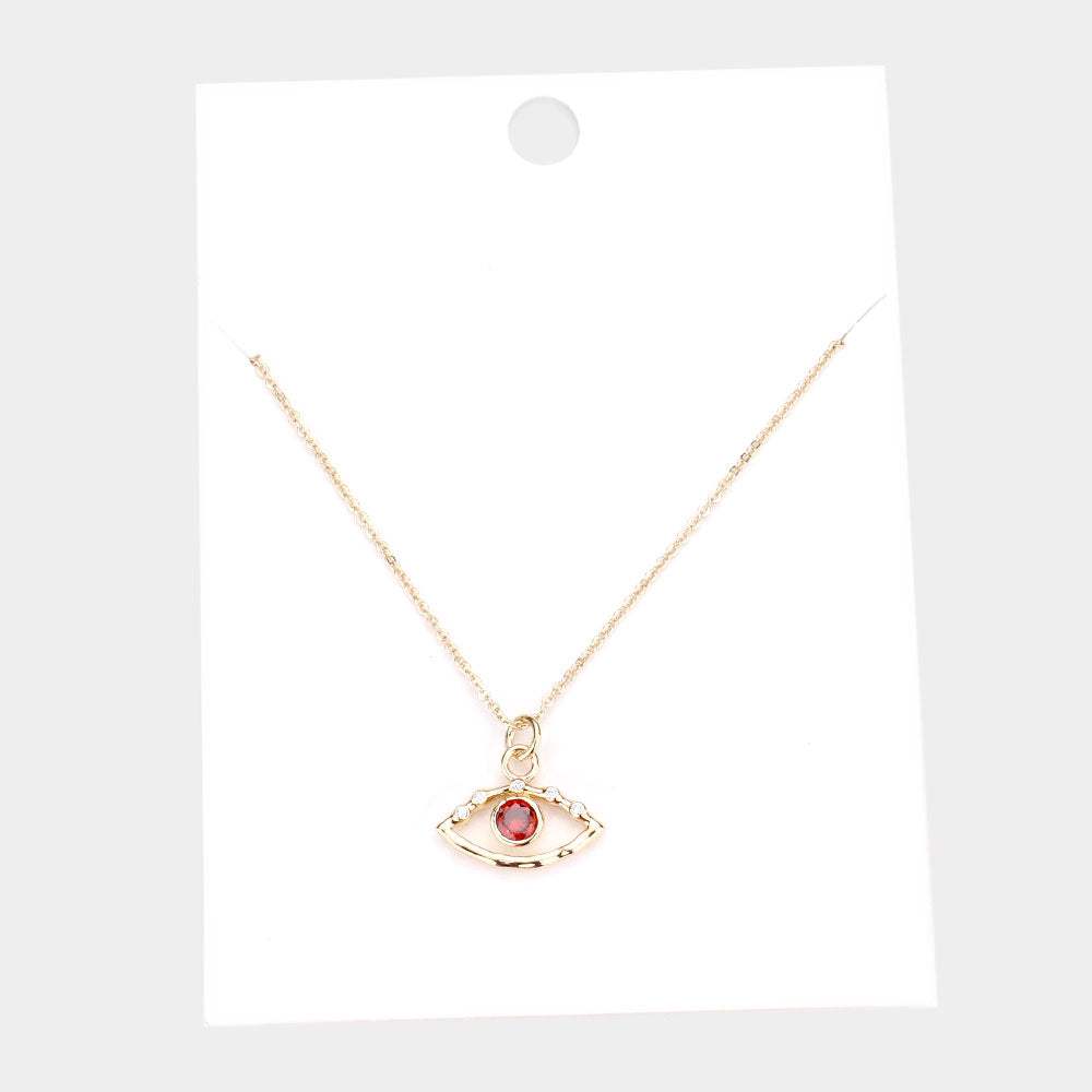 Stone Centered Brass Metal Evil Eye Pendant Necklace - Madeline Love - Flyclothing LLC