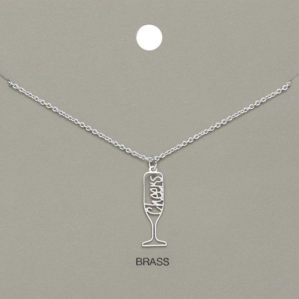 Cheers Message Wine Glass Brass Metal Pendant Necklace - Madeline Love - Flyclothing LLC