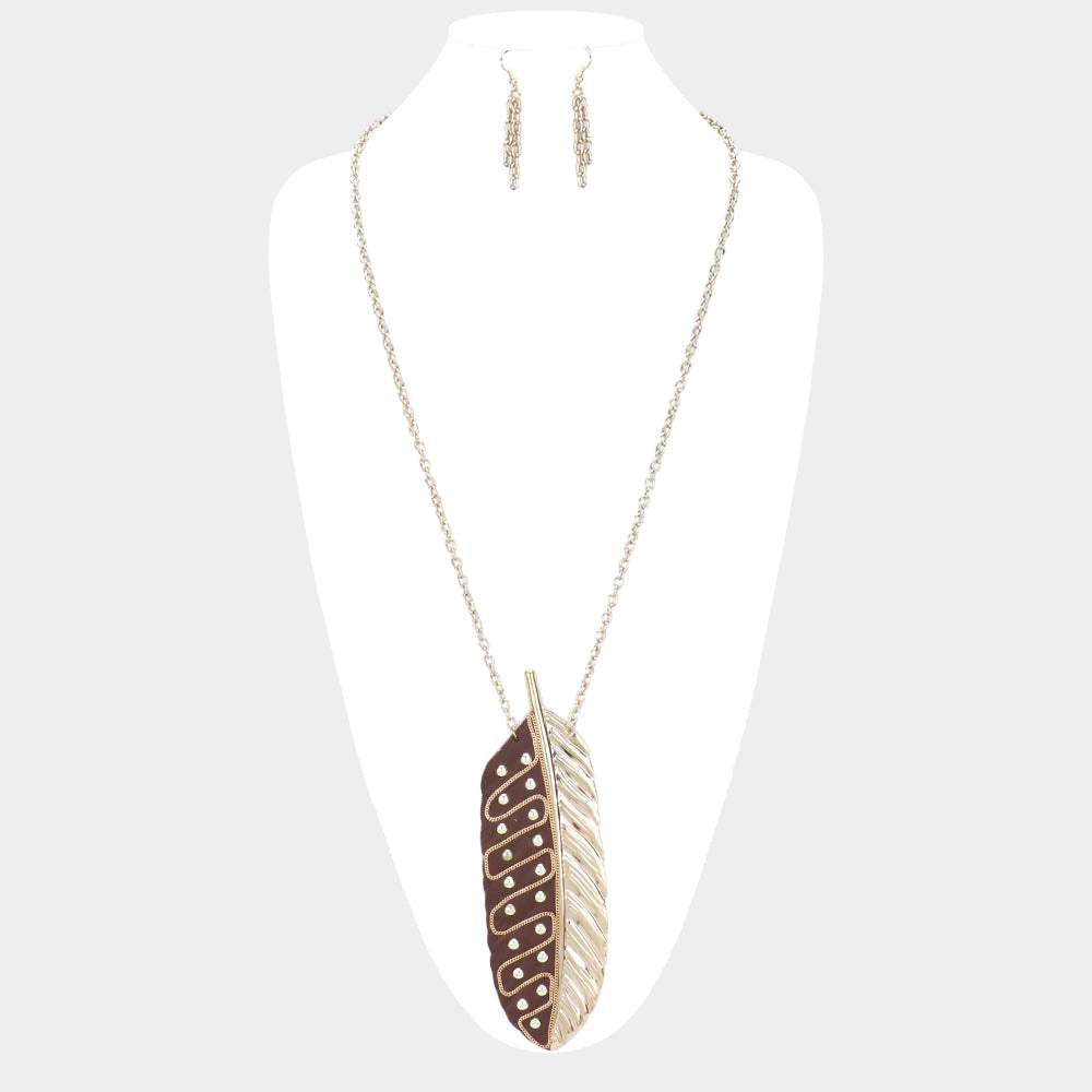 Oversized Leaf Metal Stud Pendant Link Long Necklace - Madeline Love - Flyclothing LLC