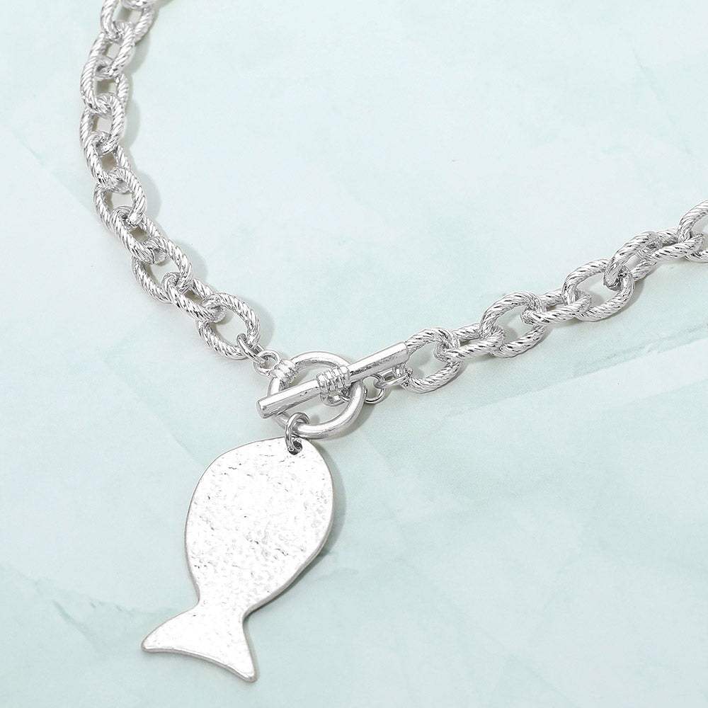 Brushed Metal Fish Charm Toggle Necklace - Madeline Love - Flyclothing LLC