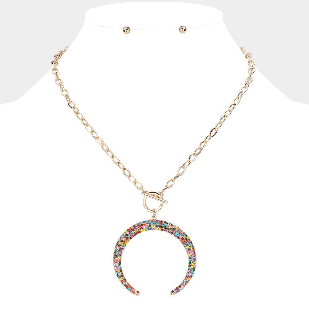 Crystal Rhinestone Pave Double Horn Toggle Necklace - Madeline Love - Flyclothing LLC