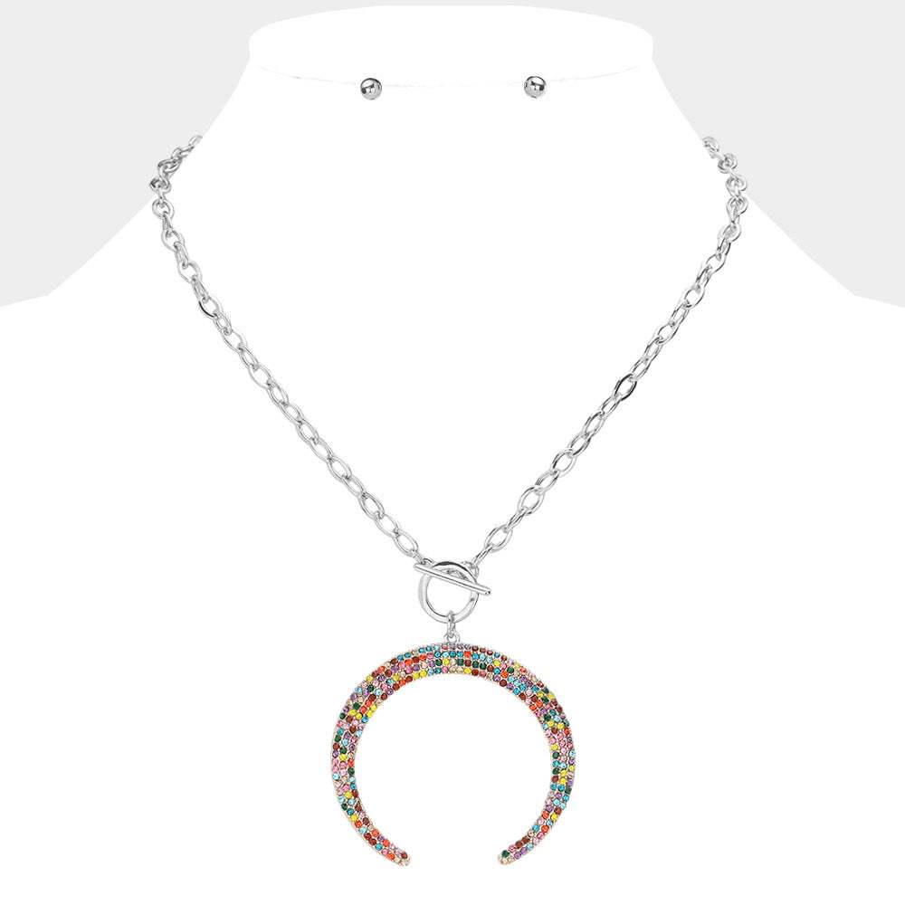 Crystal Rhinestone Pave Double Horn Toggle Necklace - Madeline Love - Flyclothing LLC