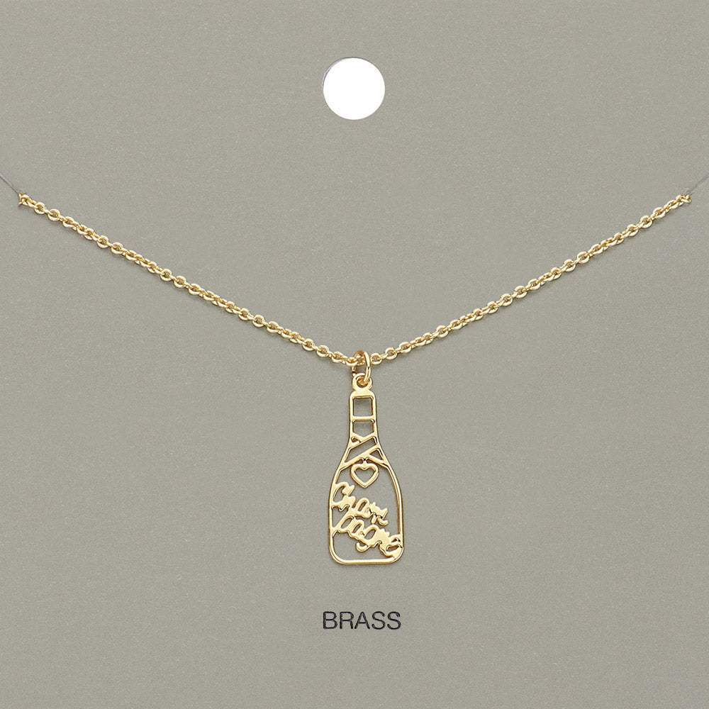 Cheers Message Champagne Bottle Brass Metal Pendant Necklace - Madeline Love - Flyclothing LLC