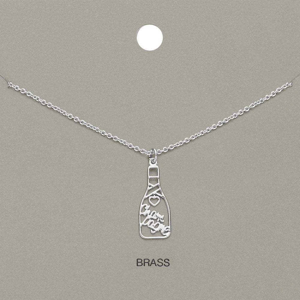 Cheers Message Champagne Bottle Brass Metal Pendant Necklace - Madeline Love - Flyclothing LLC