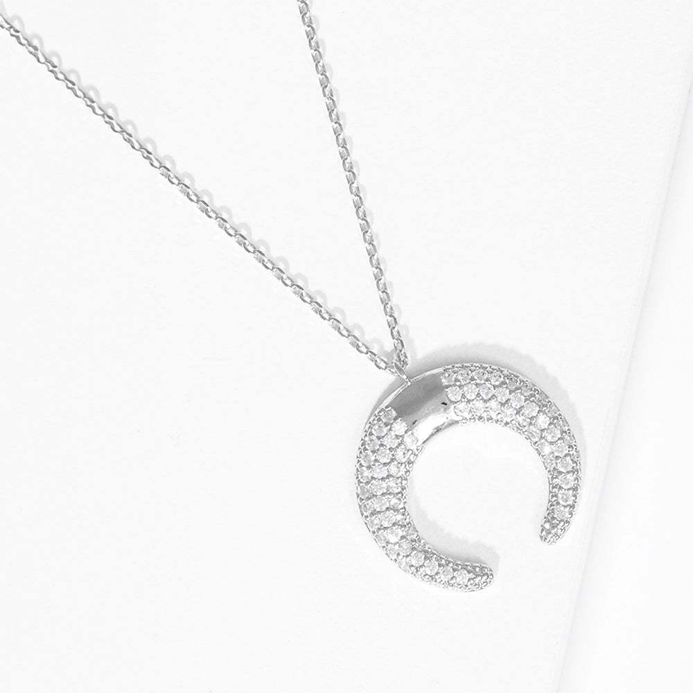 White Gold Dipped CZ Embellished Metal Horn Pendant Necklace - Madeline Love - Flyclothing LLC