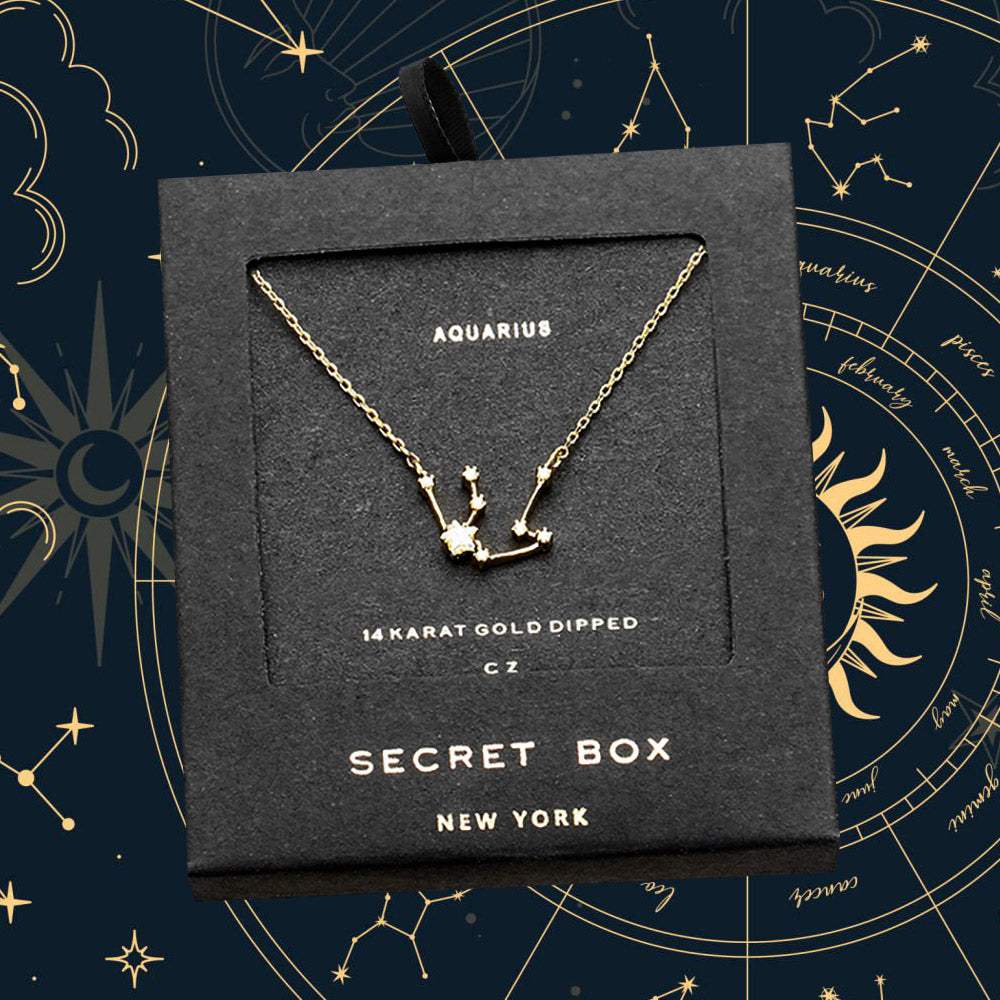 SECRET BOX_14K Gold Dipped CZ Aquarius Zodiac Sign Pendant Necklace - Madeline Love - Flyclothing LLC
