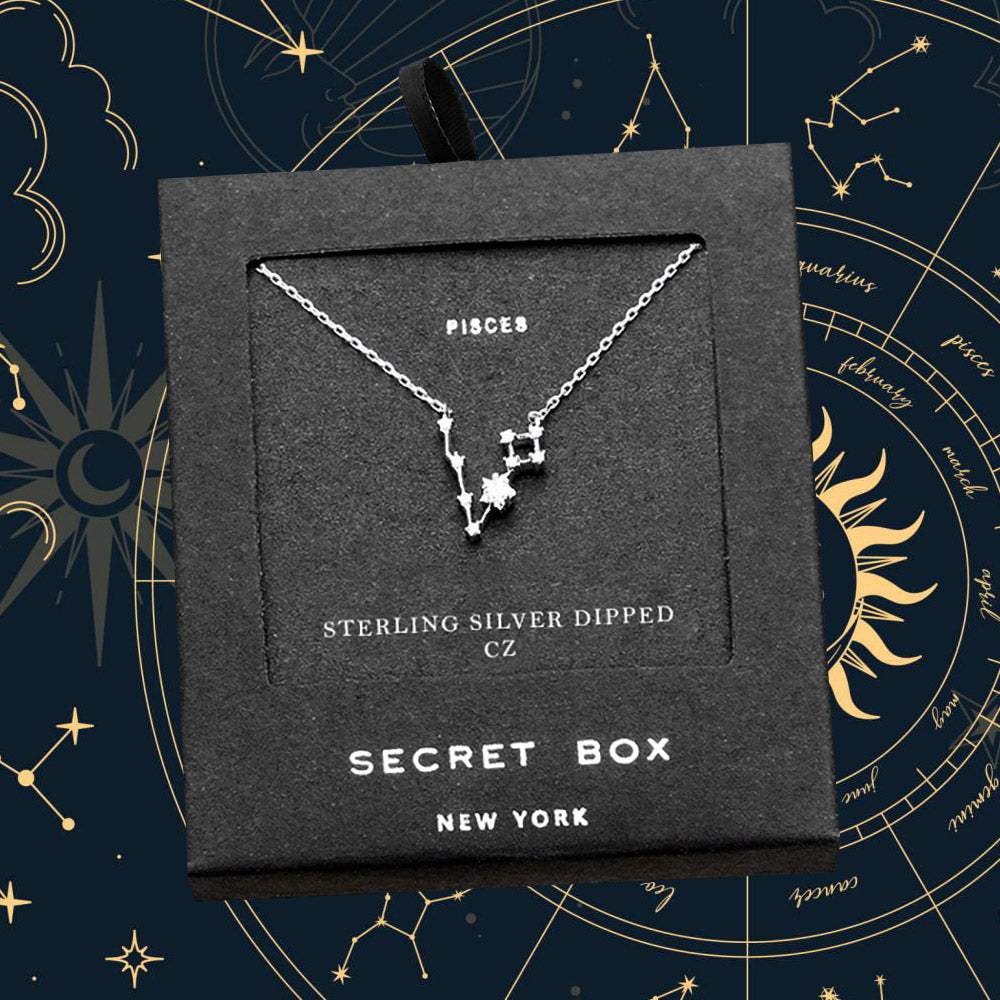 Secret Box _ Sterling Silver Dipped CZ Pisces Zodiac Sign Pendant Necklace - Madeline Love - Flyclothing LLC