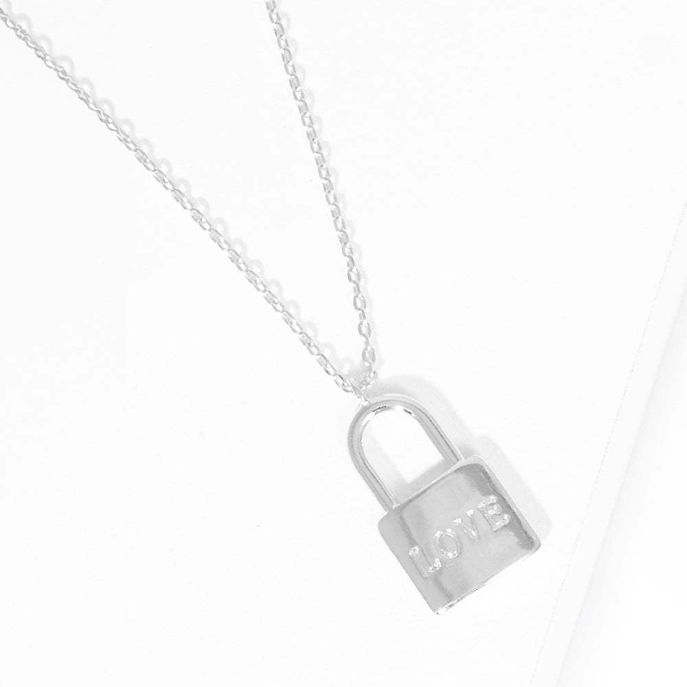 LOVE White Gold Dipped Metal Lock Pendant Necklace - Madeline Love - Flyclothing LLC