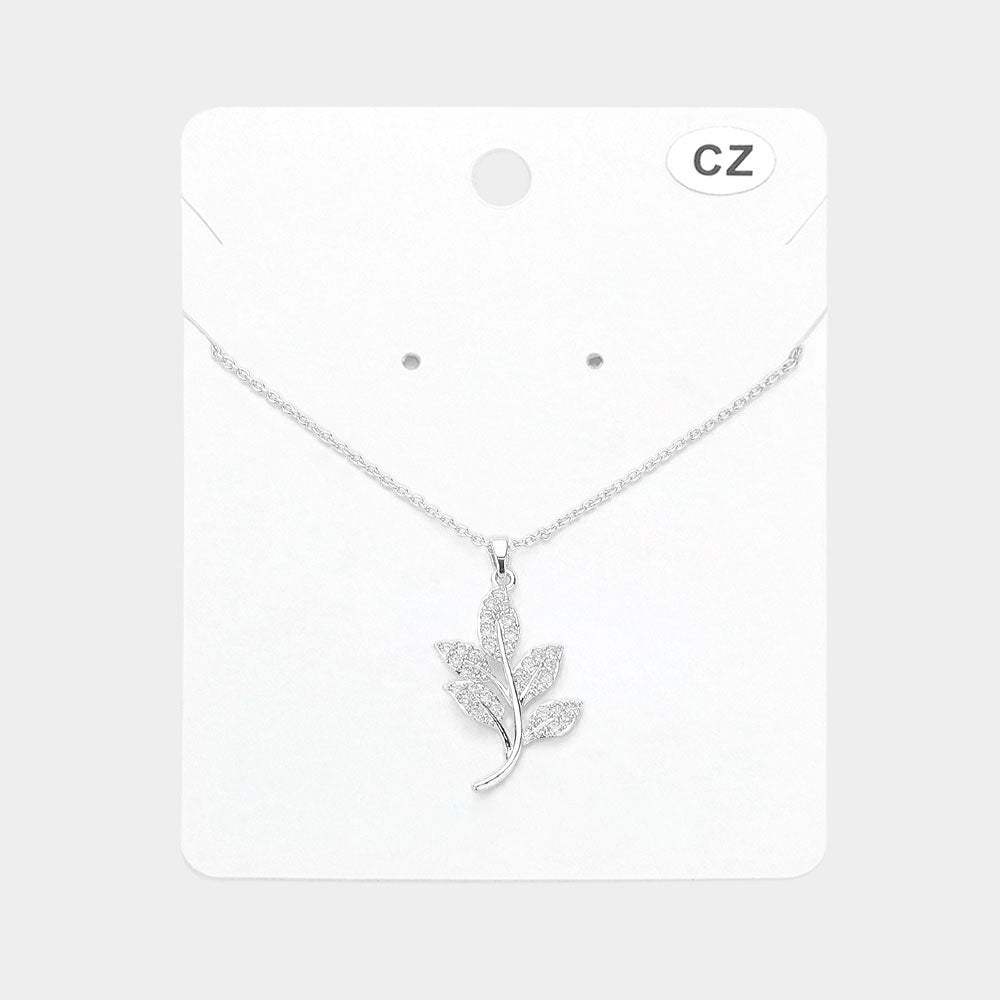 CZ Stone Paved Leaf Pendant Necklace - Madeline Love - Flyclothing LLC