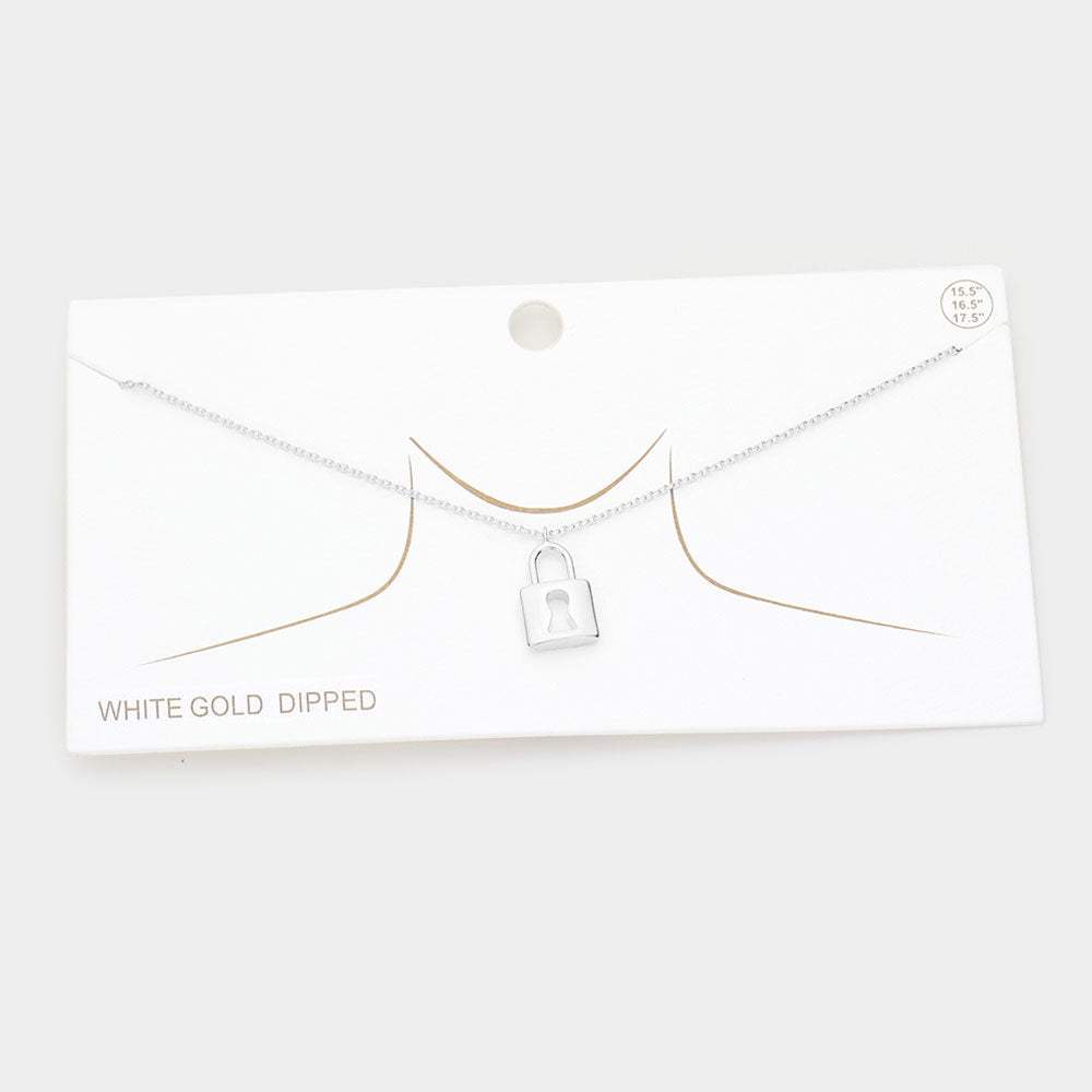 White Gold Dipped Metal Lock Pendant Necklace - Madeline Love - Flyclothing LLC